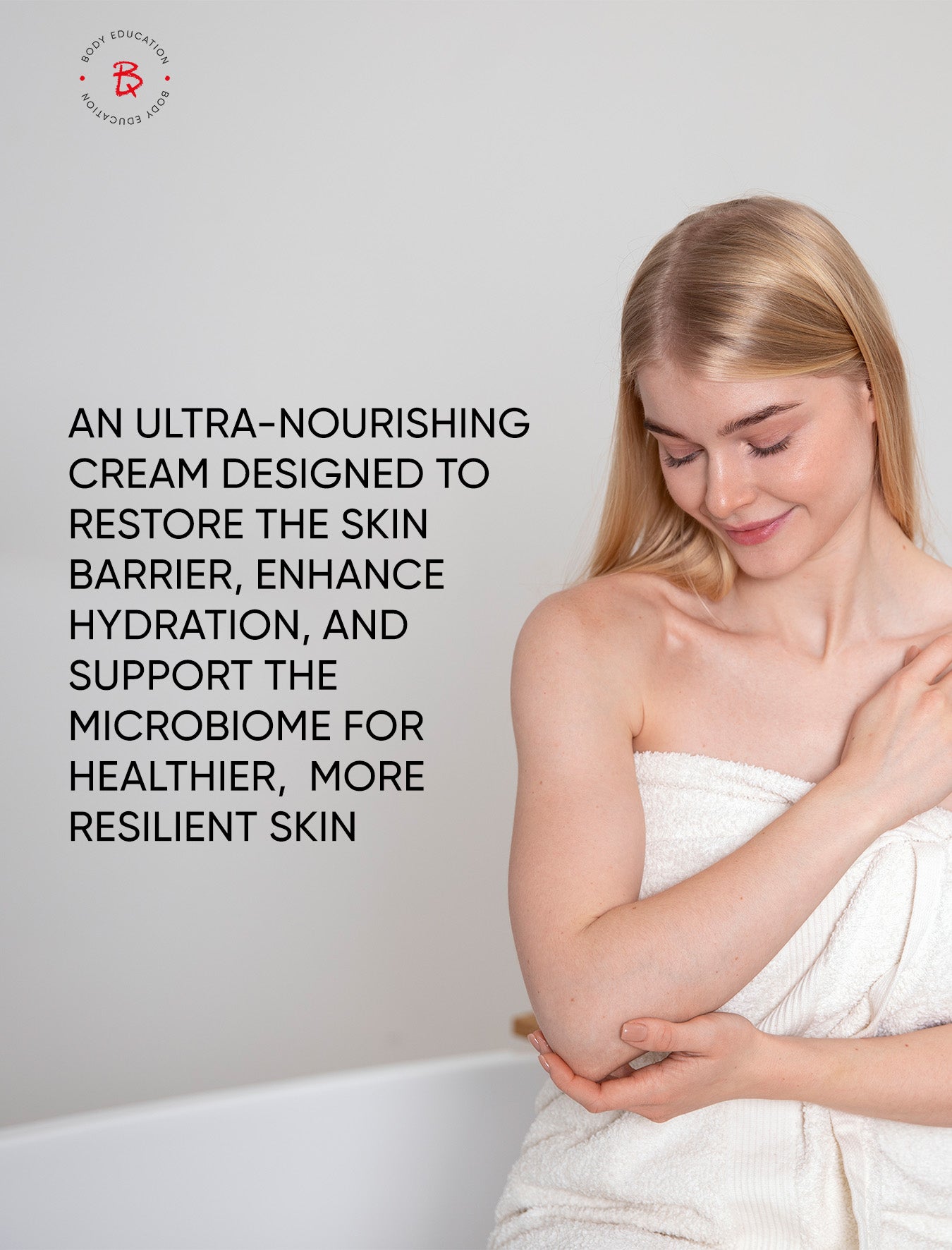 Woman applying cream to her arm with text about ultra-nourishing cream benefits.