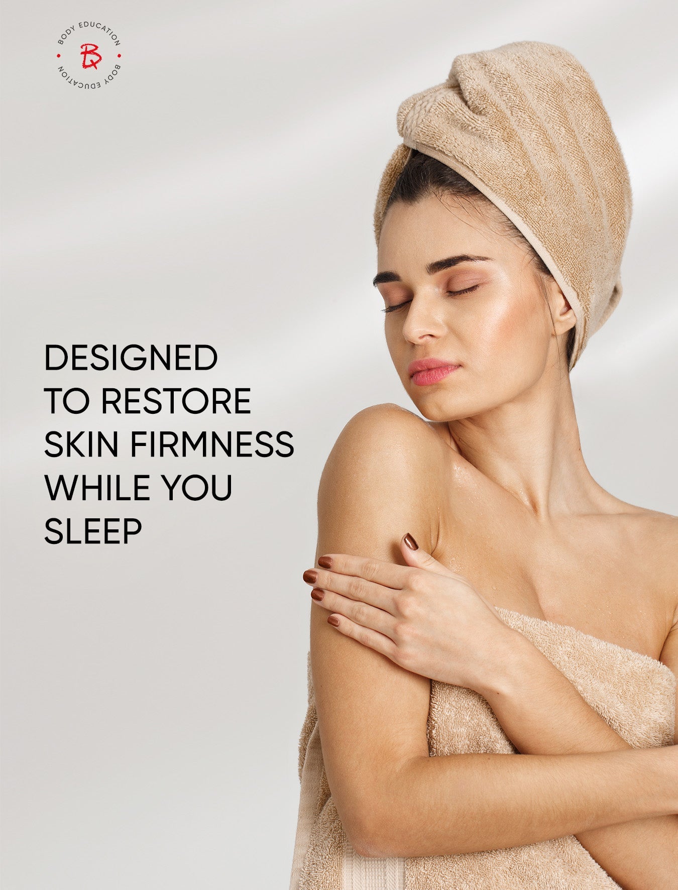 Woman with a towel on her head against a light background with text about skin firmness.
