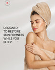 Woman with a towel on her head against a light background with text about skin firmness.