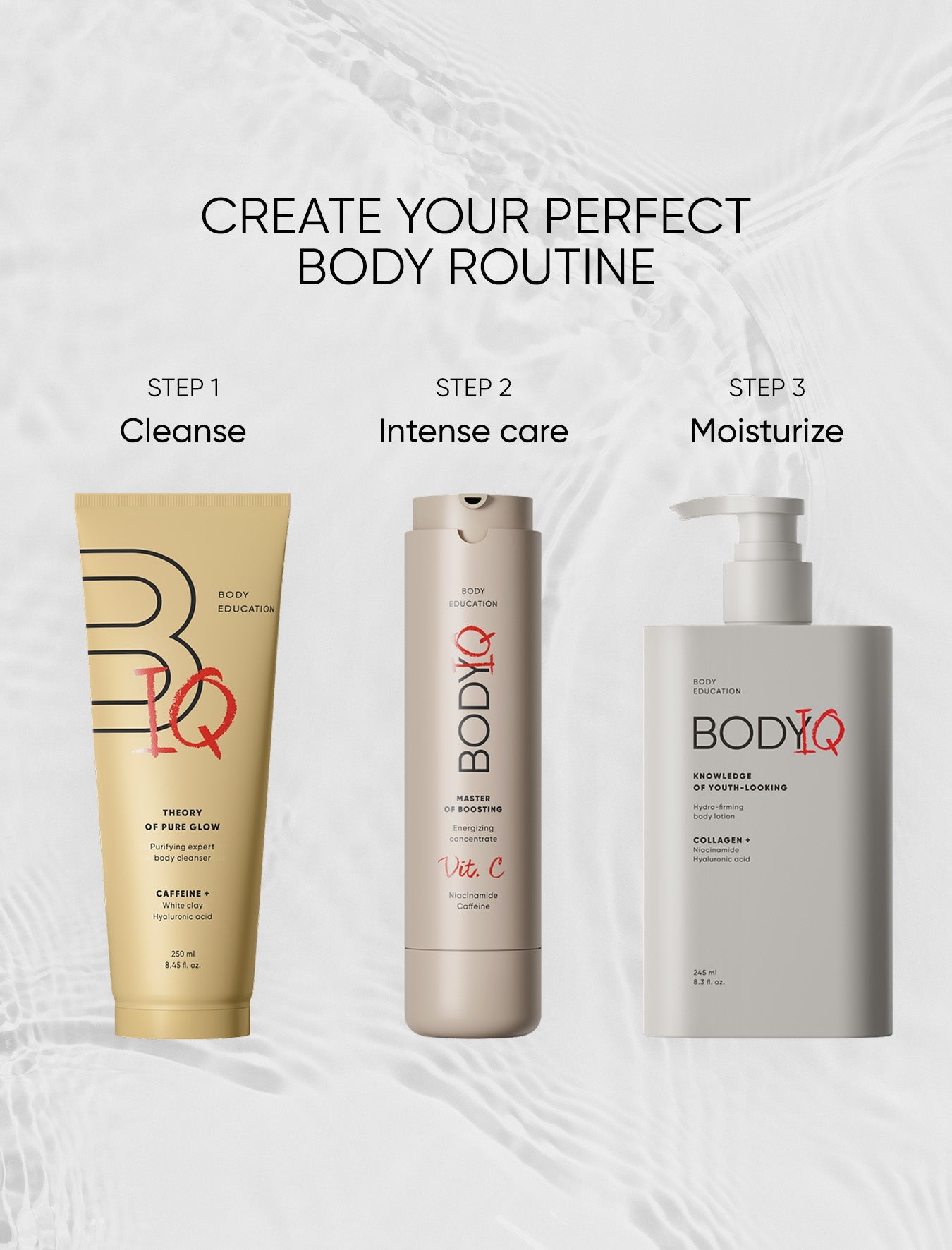 Three BODIQ skincare products with step-by-step instructions on a light background