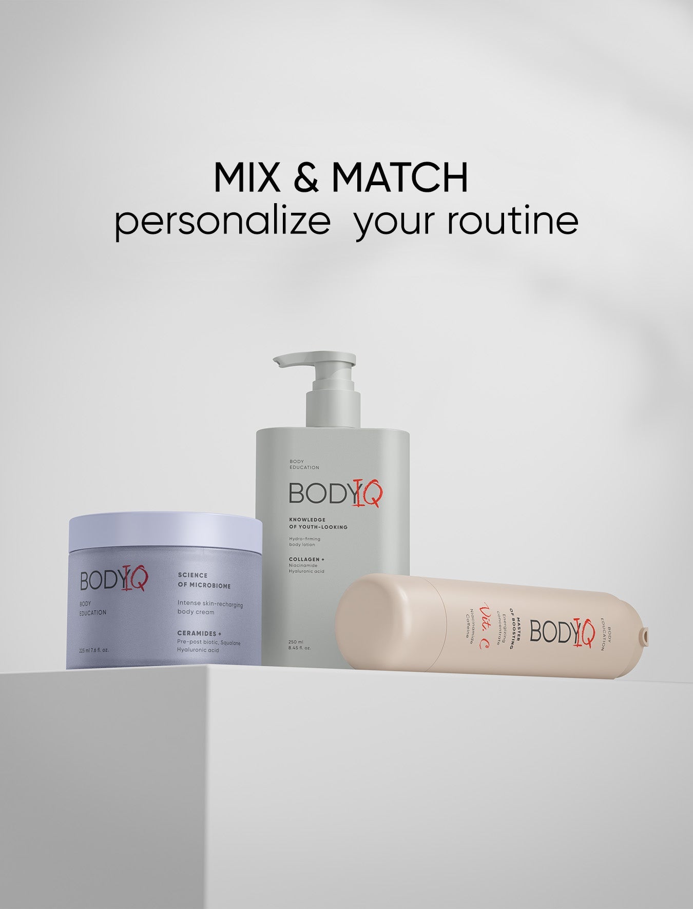 BODiQ skincare products on a white background with text 'Mix &amp; Match, personalize your routine'.