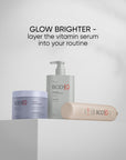 BODIQ skincare products on a white background with text 'Glow Brighter'.
