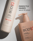 BODIQ serum and lotion on a light gray background