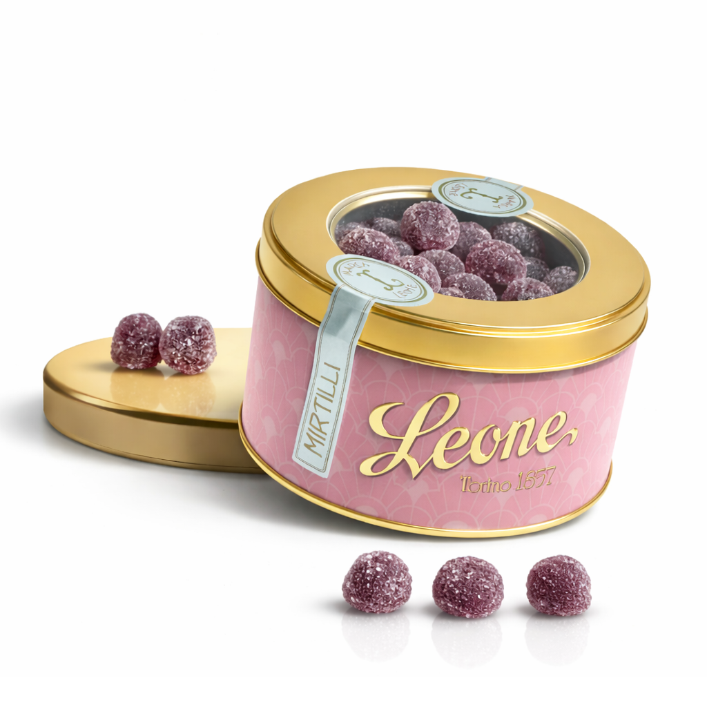 Leone 1857 Mirtilli Želé bonbony s příchutí borůvek v plechové dóze, 150 g