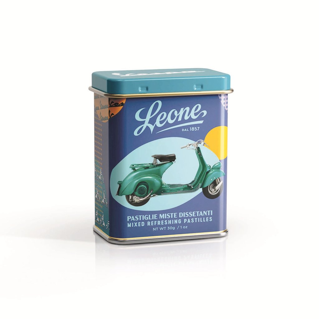 Leone 1857 × Vespa Miste Dissetanti – ovocné pastilky v plechové dóze, 30 g