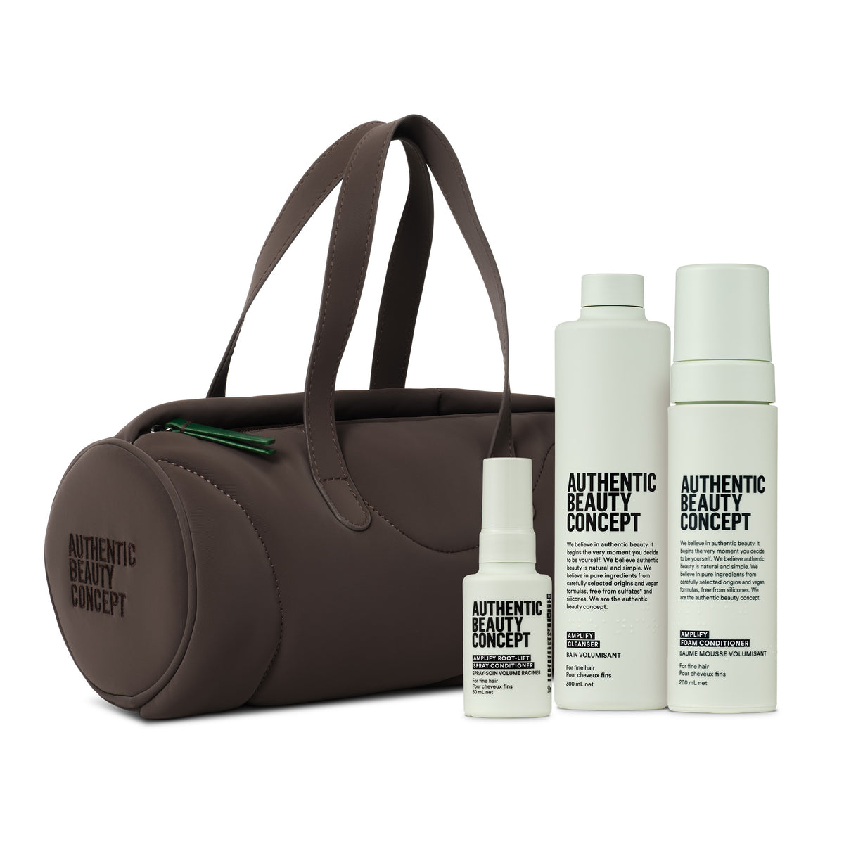 AUTHENTIC BEAUTY CONCEPT Amplify – dárková vlasová sada s kabelkou Soft-Touch Barrel Bag Cocoa Powder
