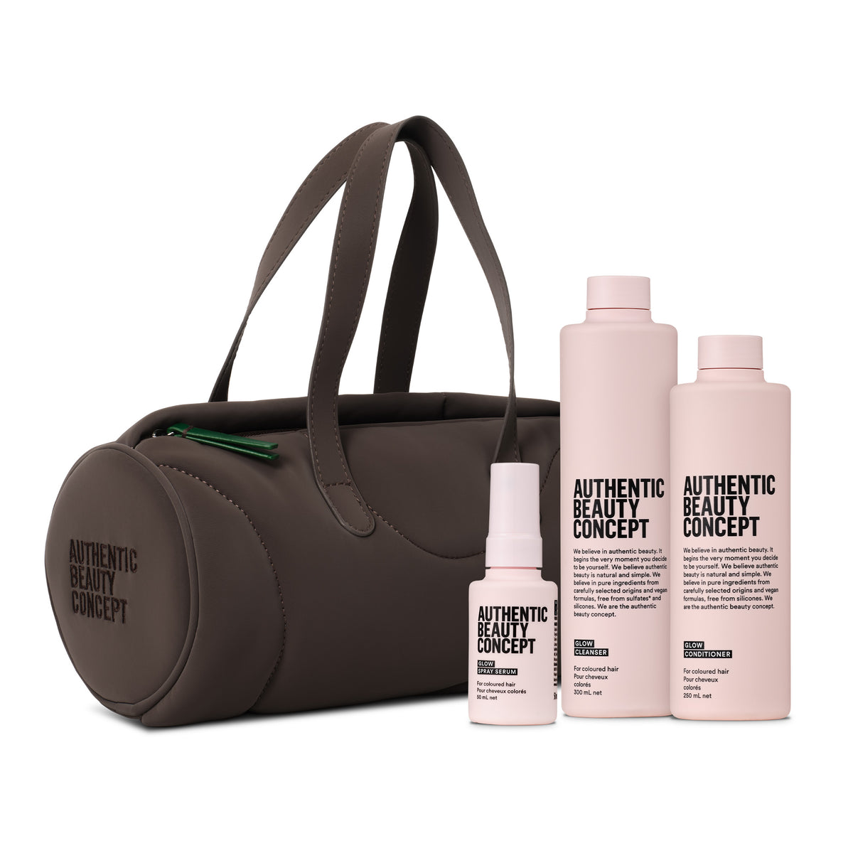 AUTHENTIC BEAUTY CONCEPT Glow – dárková vlasová sada s kabelkou Soft-Touch Barrel Bag Cocoa Powder
