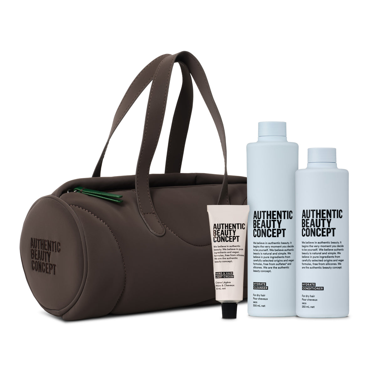 AUTHENTIC BEAUTY CONCEPT Hydrate – dárková vlasová sada s kabelkou Soft-Touch Barrel Bag Cocoa Powder
