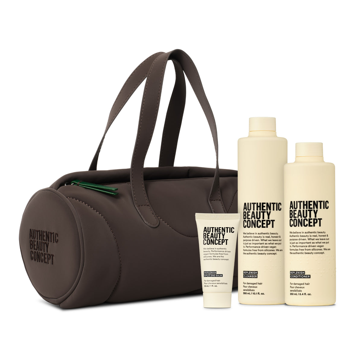 AUTHENTIC BEAUTY CONCEPT Replenish – dárková vlasová sada s kabelkou Soft-Touch Barrel Bag Cocoa Powder
