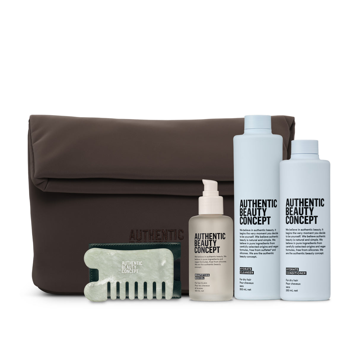 AUTHENTIC BEAUTY CONCEPT Wellness Pack – Hydrate péče, olej, jadeitový hřeben a kosmetická taštička
