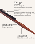 Fiona Franchimon Backcomb Hair Brush showcasing design, branding, and material details with boar bristle hair and wood.