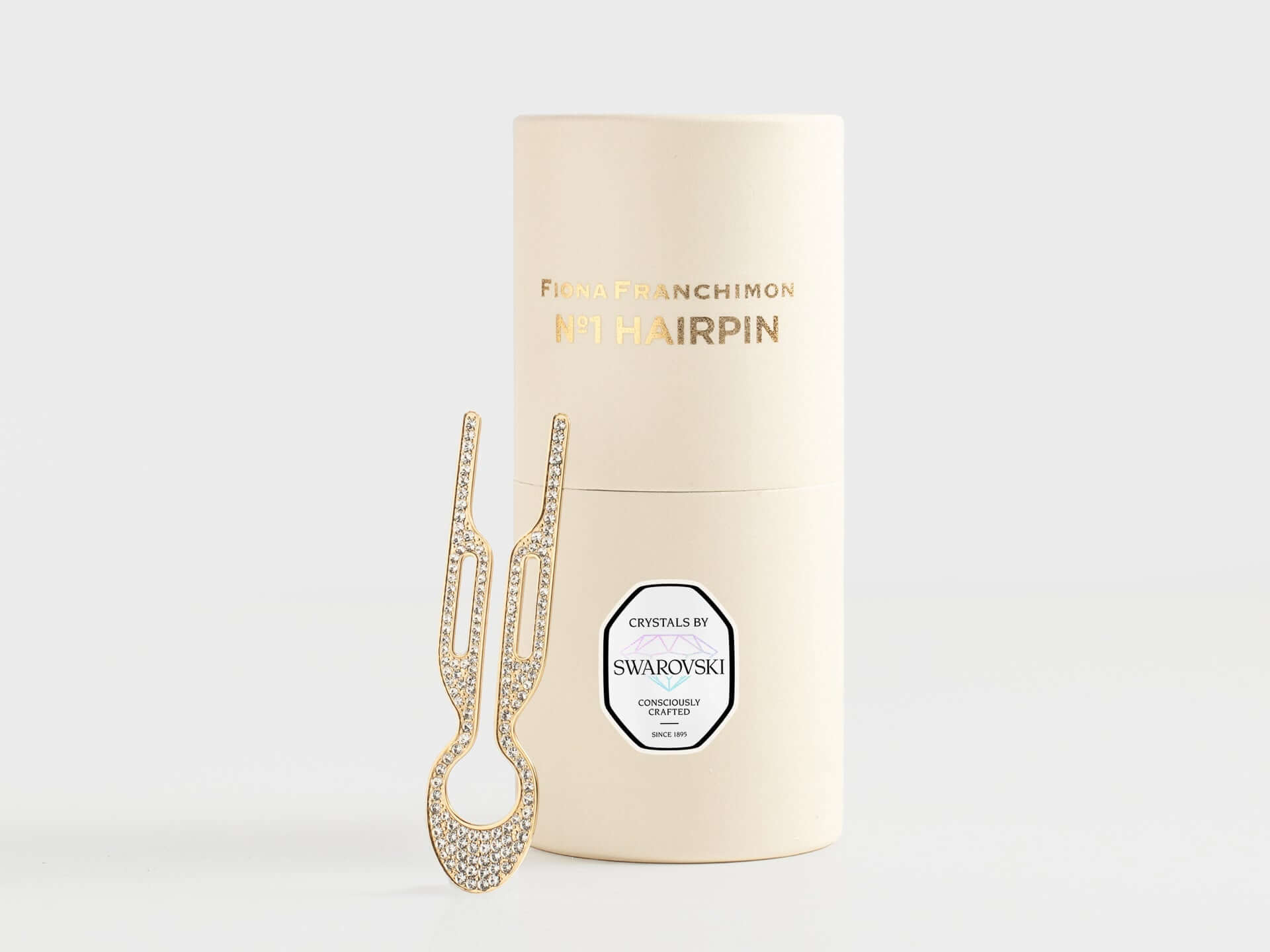 Fiona Franchimon Nº1 HAIRPIN Steel with Swarovski® Crystals | Yellow Gold Finish displayed with elegant packaging.