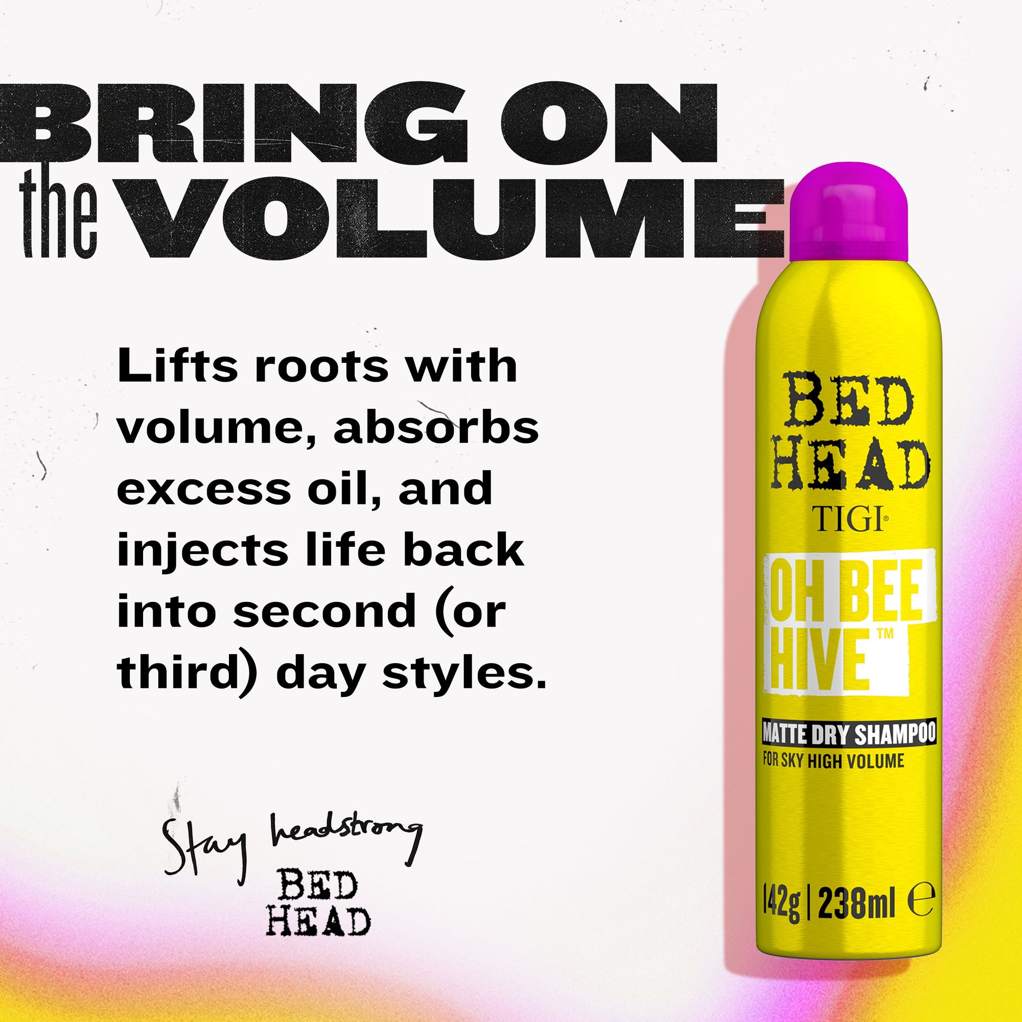 Yellow OH BEE HIVE dry shampoo bottle with purple cap on volume benefit card