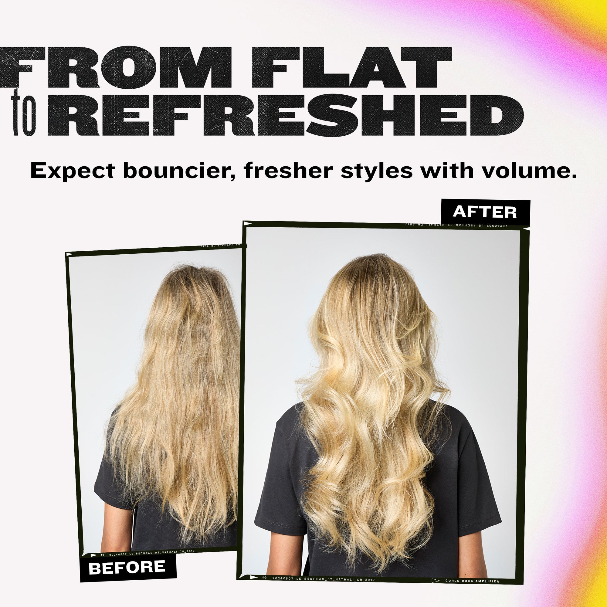 Before and after hair volume photos on a dry shampoo comparison card