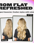 Before and after hair volume photos on a dry shampoo comparison card
