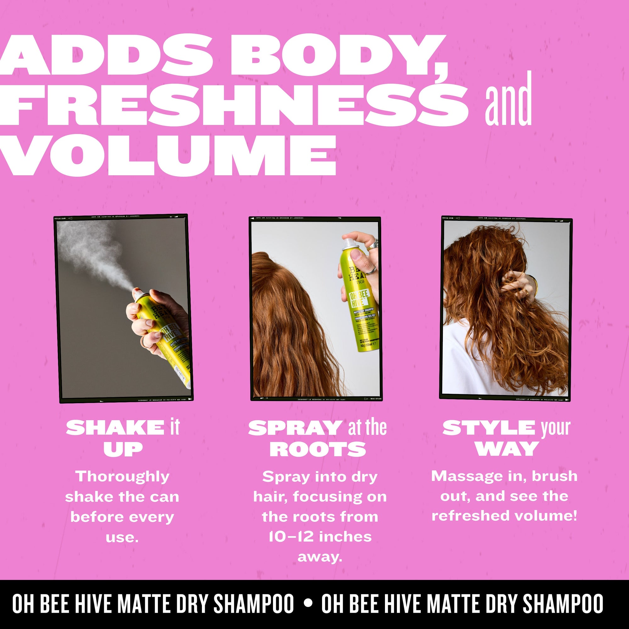 Three-step panels showing yellow dry shampoo bottle and voluminous styled hair