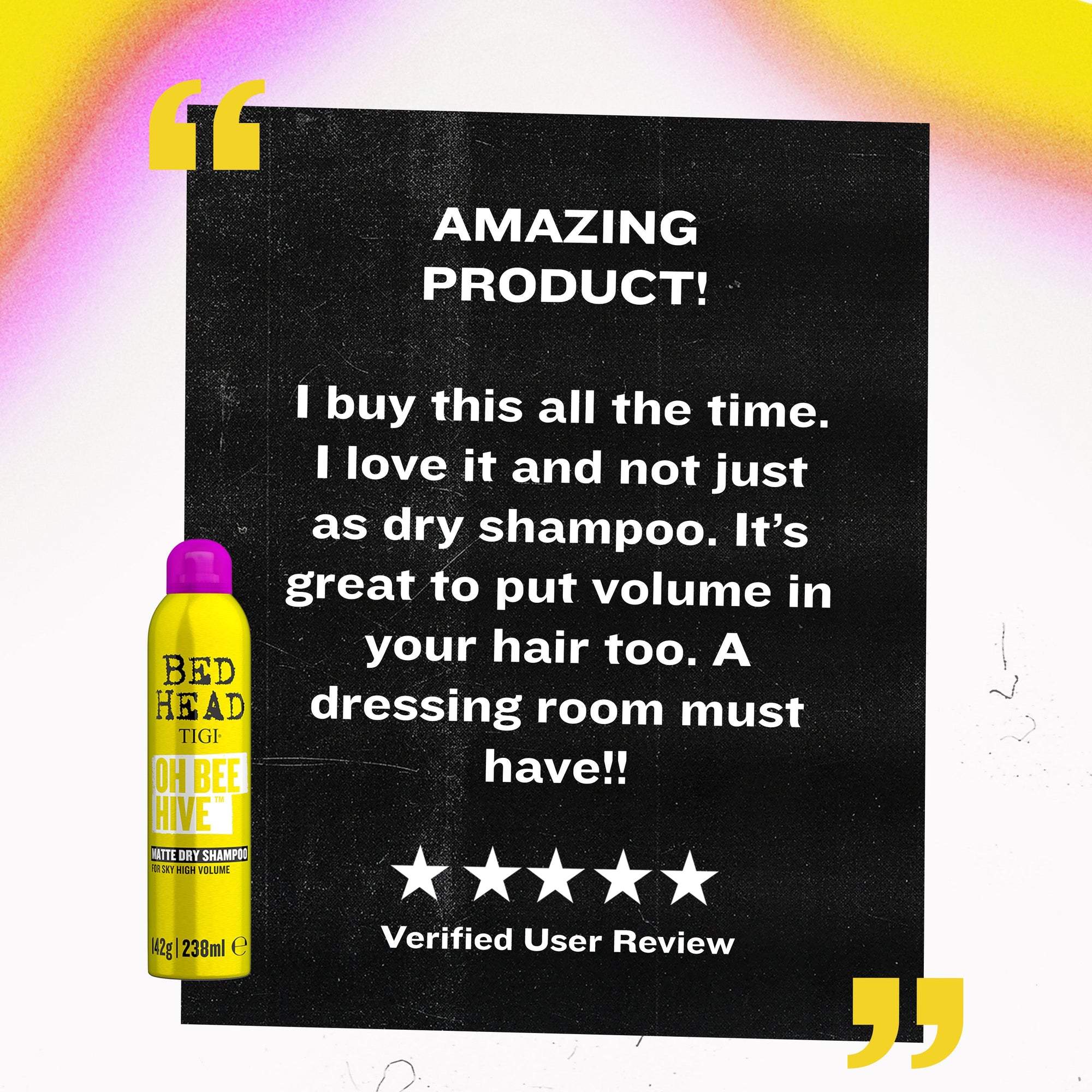 Dark review card with small yellow OH BEE HIVE dry shampoo bottle, verified user quote
