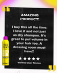 Dark review card with small yellow OH BEE HIVE dry shampoo bottle, verified user quote