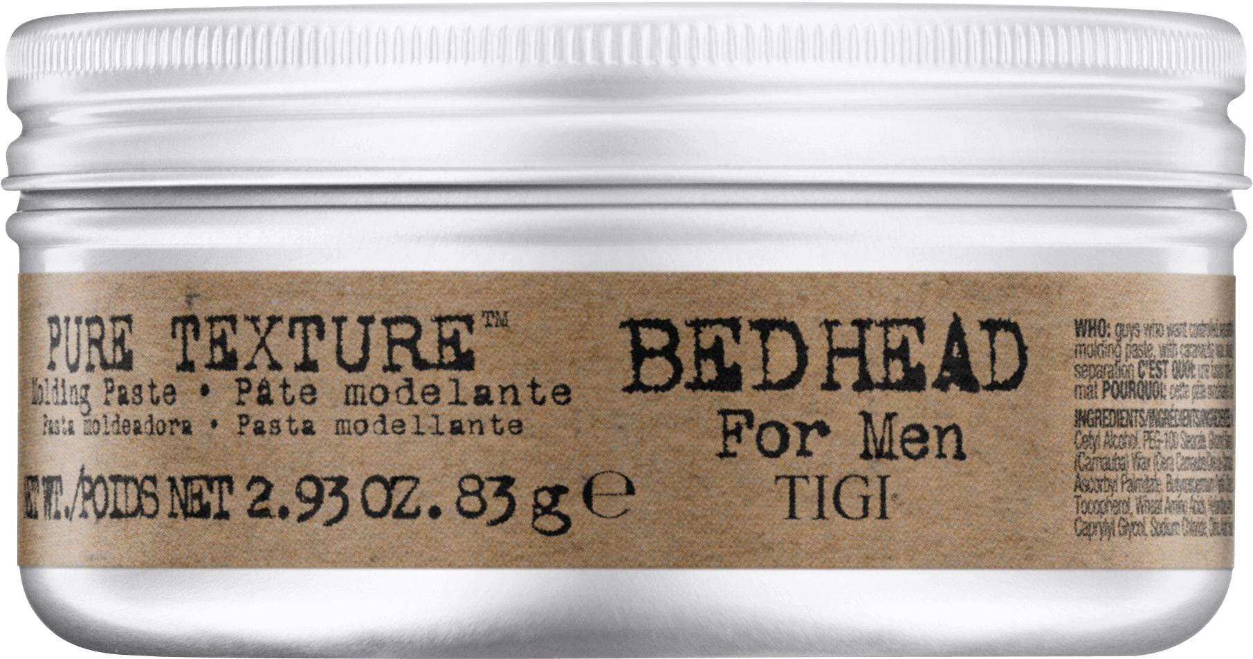White-lidded hair styling paste jar with beige label and printed front text.